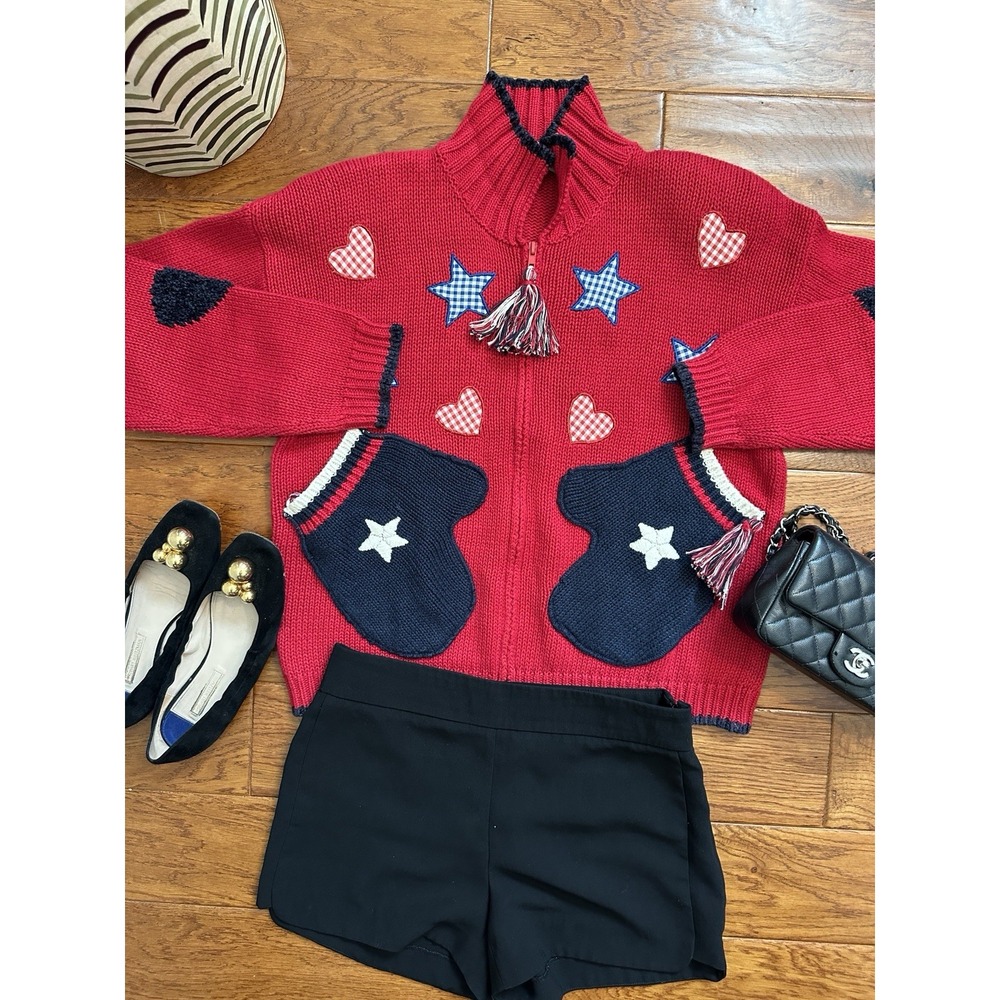 Vintage 90s Novelty Chunky Knit Zip Sweater Removable Shoulder Pads Stars Red M